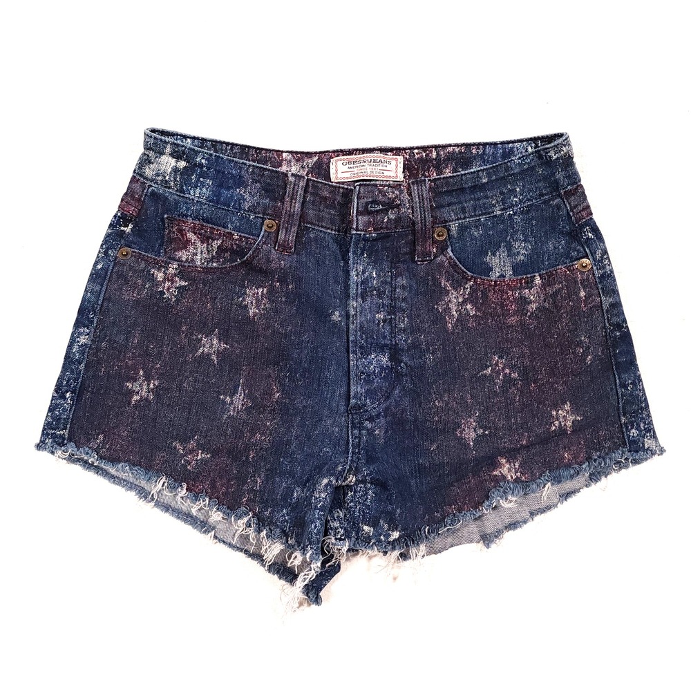 Guess Denim Shorts Womens 24 Cut-Off Americana Stars Print Mid-Rise Y2K